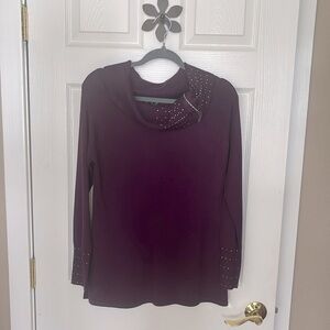 3 for $10 Questions Deep Purple Rhinestone Trimmed Tunic length Sweater Size L